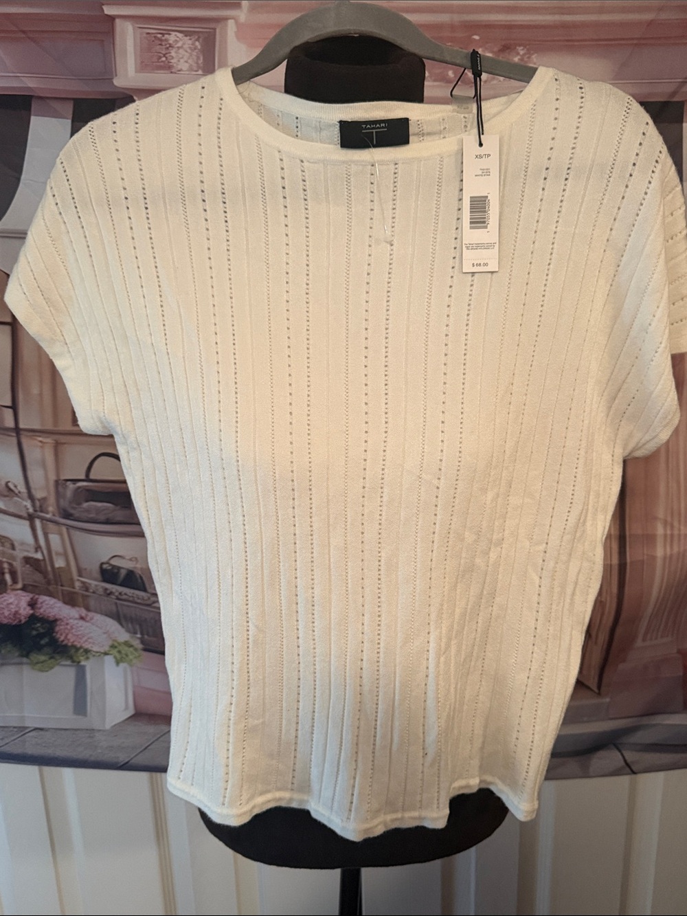 Tahari Cream Short-Sleeve Knit Top with Eyelet Stripes